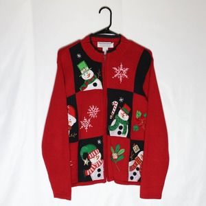 Tiara International Christmas Collection Sweater Women's L Red Snowmen Jacket